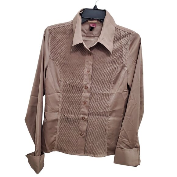 Buffalo David Bitton Women's Light Brown Stretch Pintuck Long Sleeve Button Up L - Picture 1 of 7